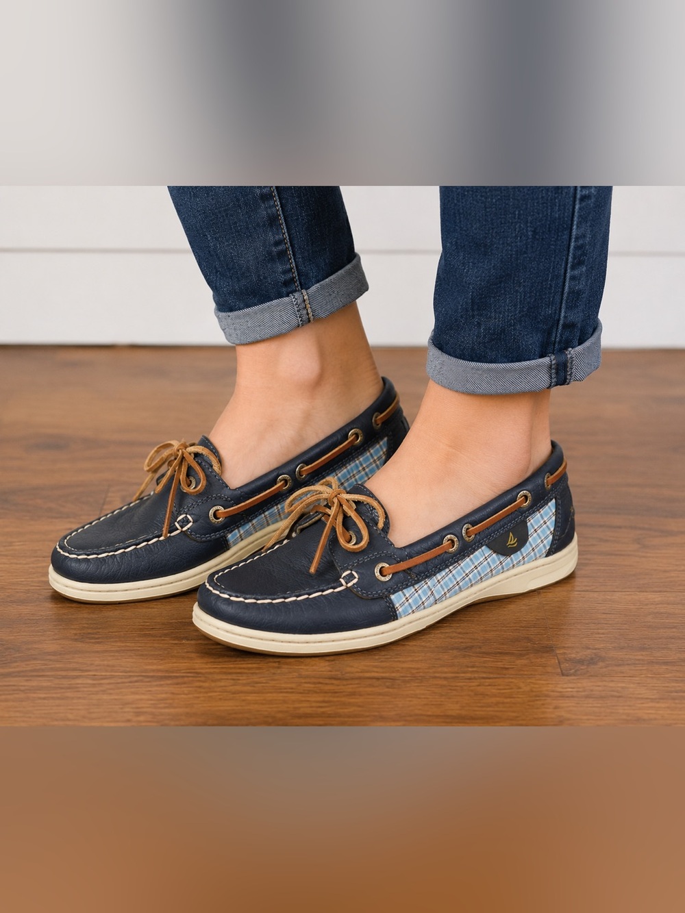 Sperry Navy & Light Blue Plaid Boat Shoes with Tan Laces